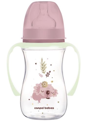 Antikolik. fľaštička so širokým hrdlom a svietiacimi úchytmi, Sleepy Koala, 240 ml - lila