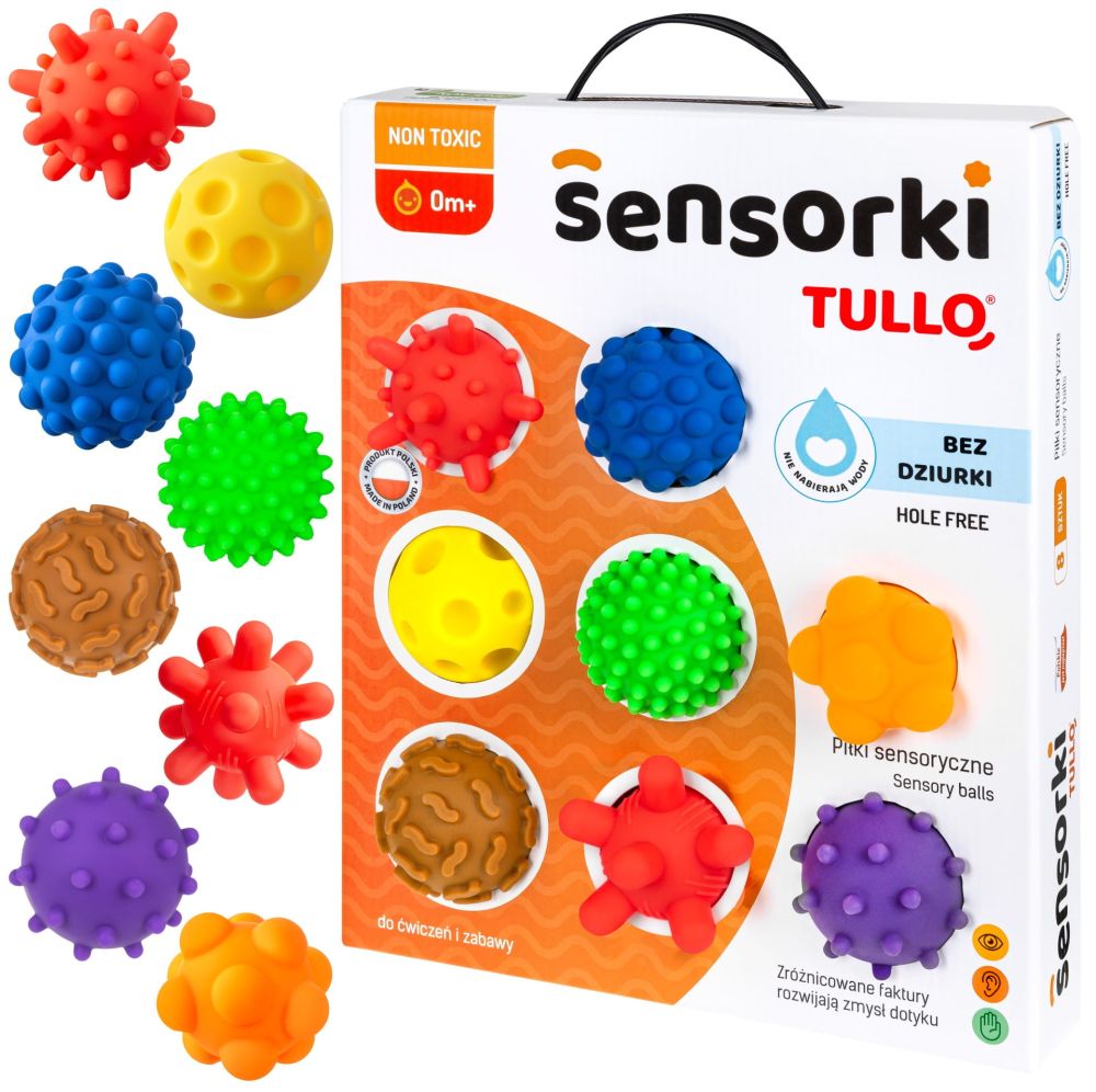 Tullo Senzorické loptičky farebné 8 ks bez dierok – 59–77 mm, 0m+