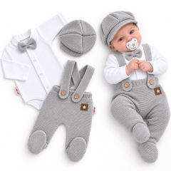 Pletená súprava Gentleman 3D, body, polodupačky s laclom, čiapočka, sivá Pletená súprava Gentleman 3D, body, polodupačky s laclom, čiapočka, sivá