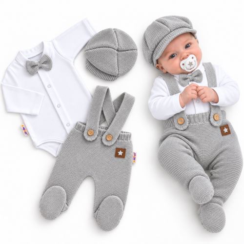 Pletená súprava Gentleman 3D, body, polodupačky s laclom, čiapočka, sivá (2)
