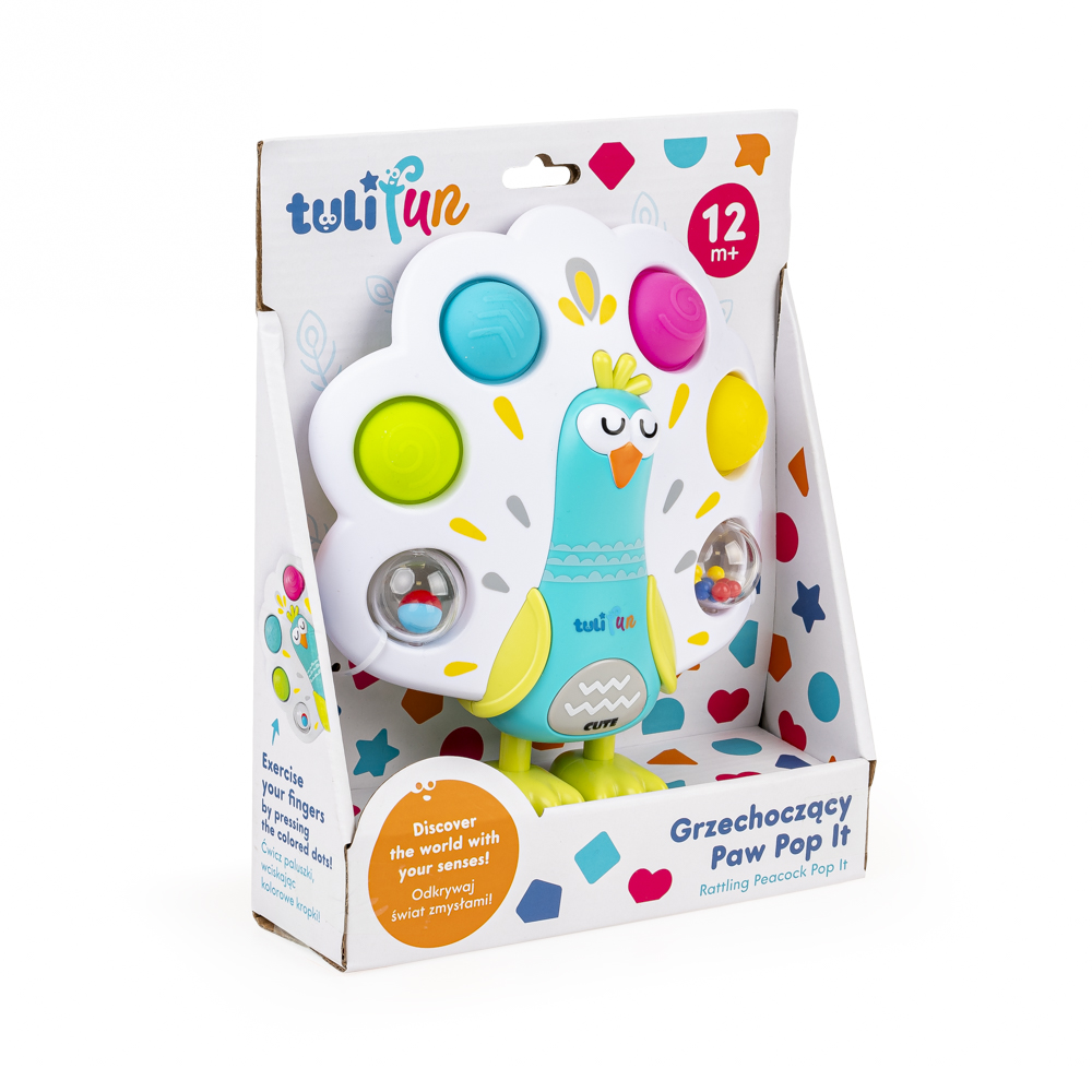 Chrastící páv POP IT TuliFun – mačkej, otáčej, chrastí
