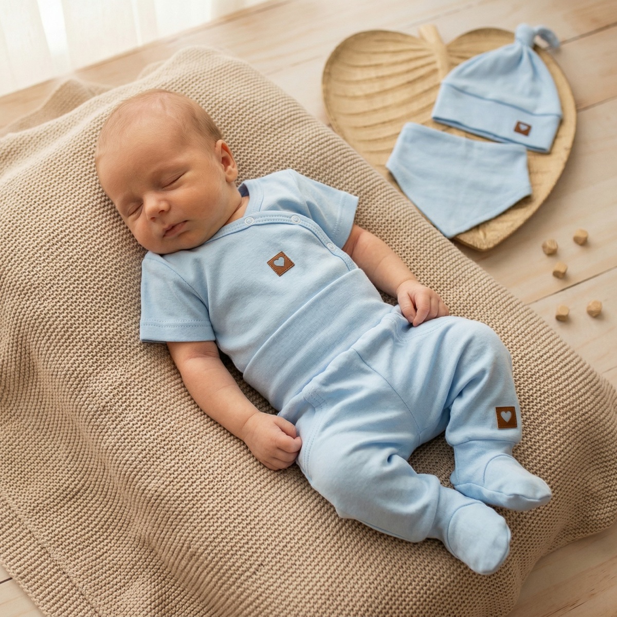 Sada do pôrodnice 6D body, polodupačky, košieľka, čiapka, rukavičky, šatka, sv. modrá, 56