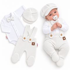 Pletená súprava Gentleman 3D, body, polodupačky s laclom, čiapočka, biela Pletená súprava Gentleman 3D, body, polodupačky s laclom, čiapočka, biela