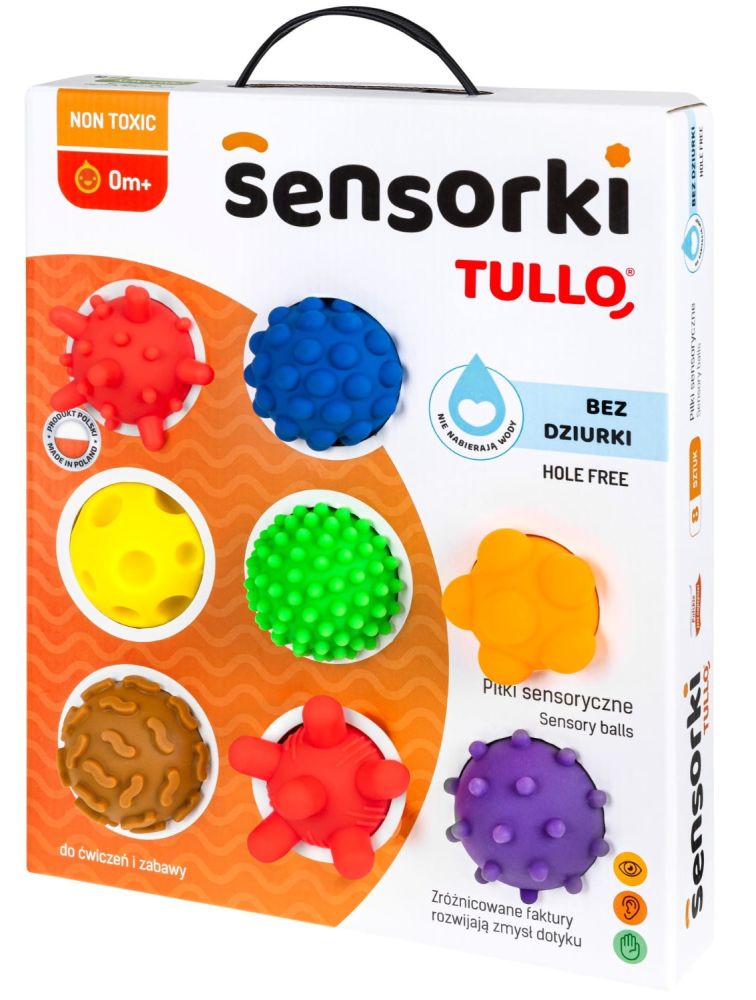 Tullo Senzorické loptičky farebné 8 ks bez dierok – 59–77 mm, 0m+