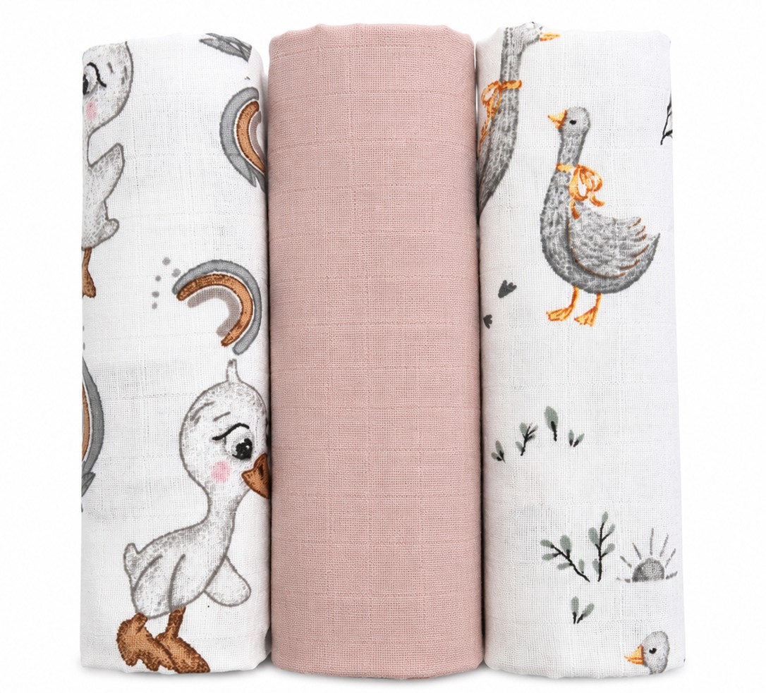 Mušelínové plienky 3ks DELUX - Kačička 60 x 80 cm, biela, púdrovo ružová