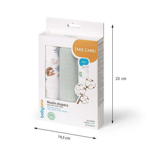 Mušelínové plienky BabyOno, Super Soft mentolové 100% bavlna, 3 ks x 70x70 cm, Ježko