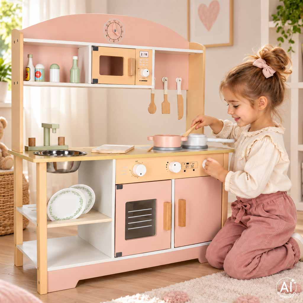 Detská drevená kuchynka Modern Classic 82 cm – ružová