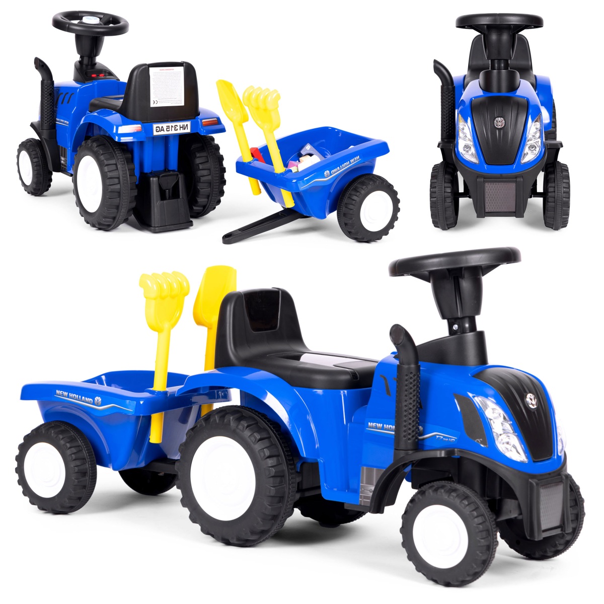 Detské odrážadlo traktor s prívesom, interaktívny volant a zvuky, modrý