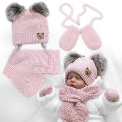 Detská sada, zimná čiapka so šálom + rukavičky 3D, Teddy Bear - pudrovo ružová Detská sada, zimná čiapka so šálom + rukavičky 3D, Teddy Bear - pudrovo ružová