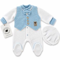 Pletený overal Oliver s vestičkou a čiapočkou Baby Nellys, biela, modrá