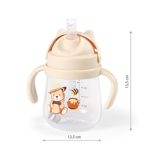 BabyOno Nevylievací hrnček so záťažovou slamkou, 240 ml, béžový, Medvedík