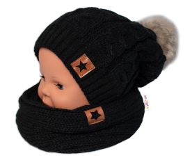 BABY NELLYS Zimná dvojvrstvová čiapka s brmbolcom + komínček Star, čierna (1)
