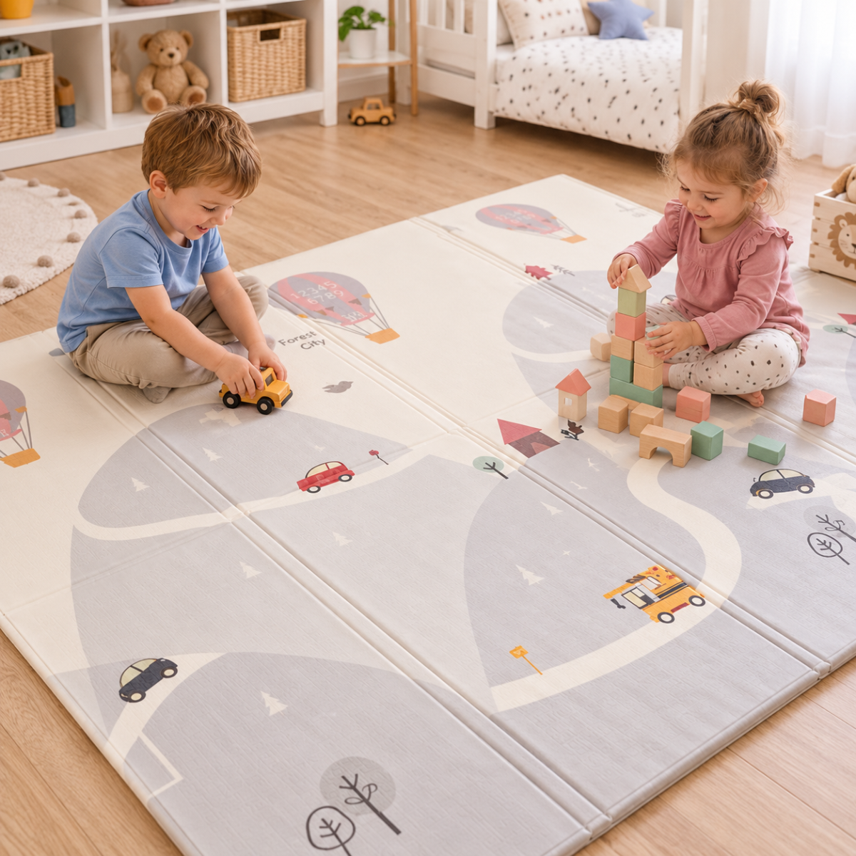 Detská obojstranná penová podložka skladacia Happy Street, 150 × 200 cm