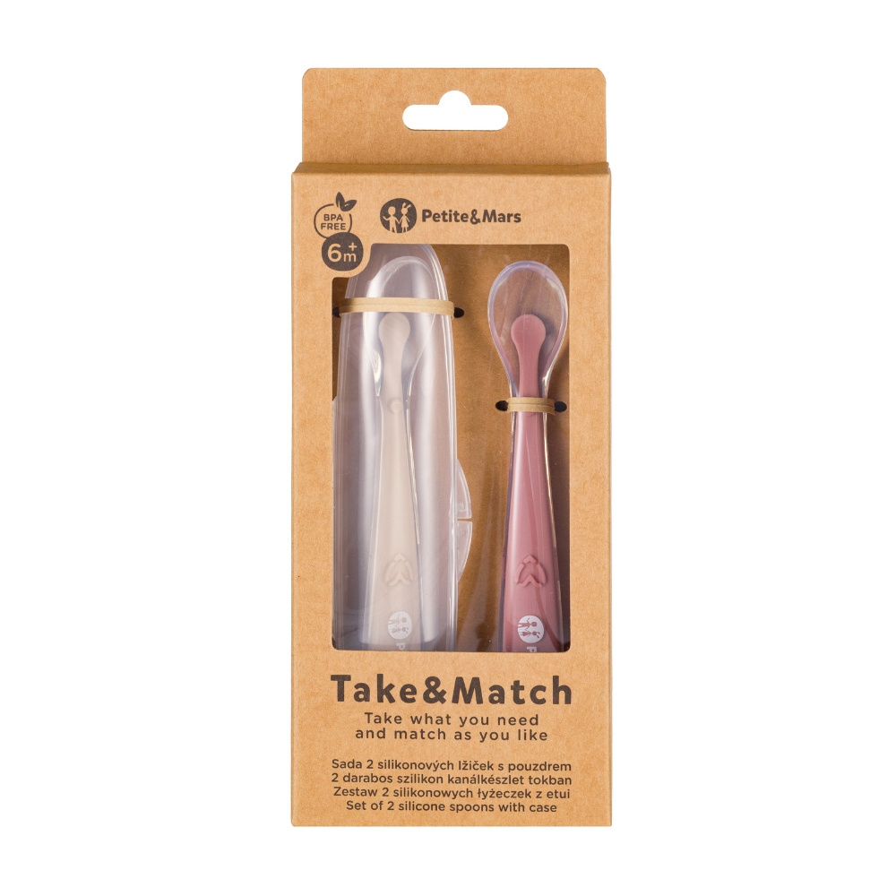 Sada 2 silikónových lyžičiek s púzdrom pre bábätko TAKE&MATCH – 6m+, béžová, ružová