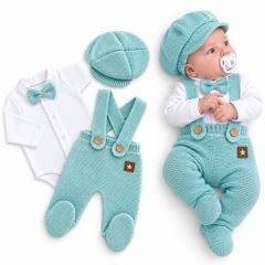 Pletená súprava Gentleman 3D, body, polodupačky s laclom, čiapočka, mätaová Pletená súprava Gentleman 3D, body, polodupačky s laclom, čiapočka, mätaová