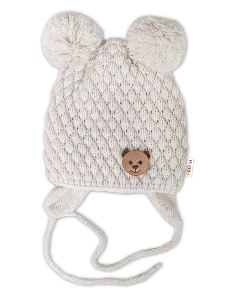Zimná pletená čiapka Teddy Bear na zaväzovanie, ecru