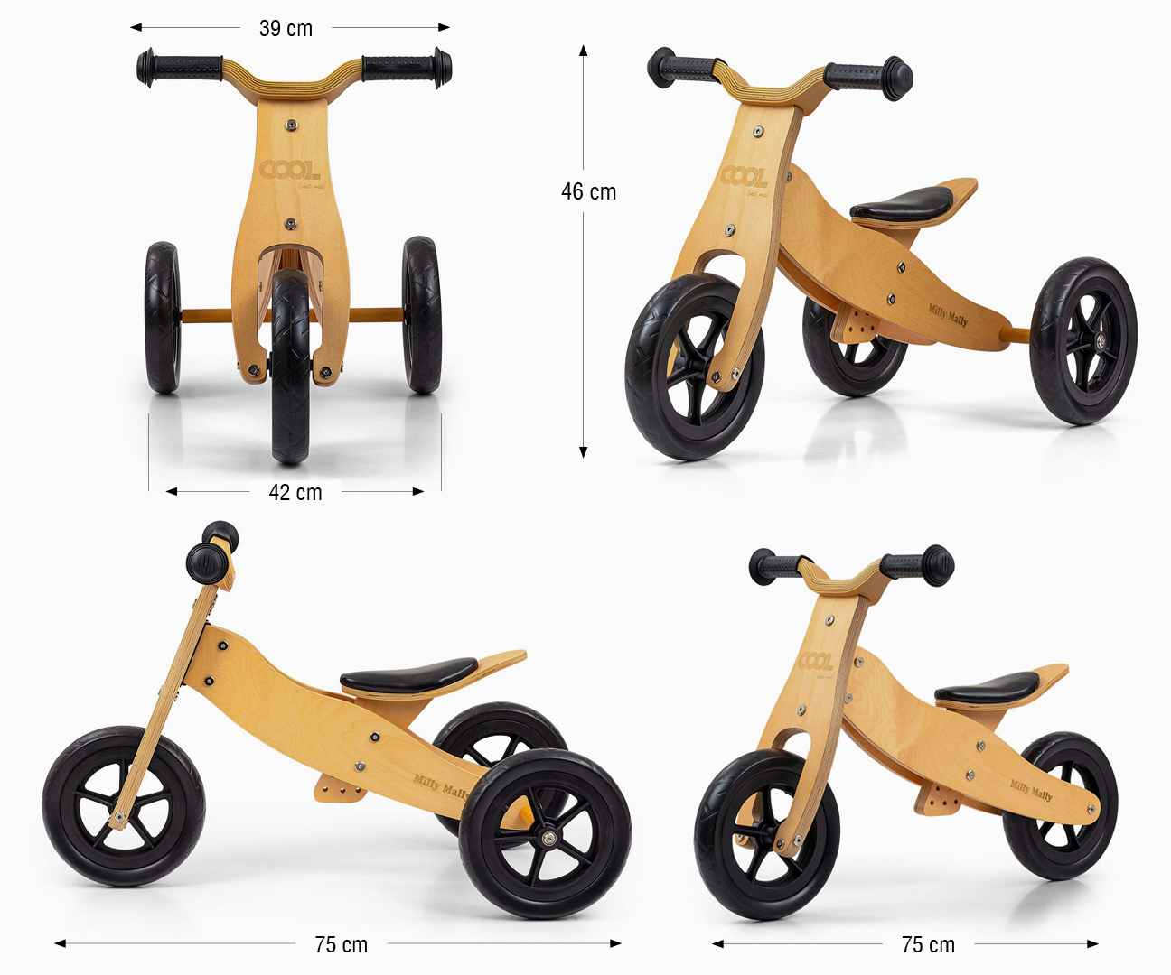 Drevené odrážadlo Cool Milly Mally 2v1 – trojkolka aj bicykel, prírodné