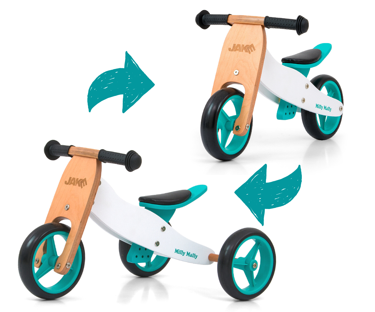 Drevené odrážadlo JAKE 2v1, trojkolka aj bicykel, 12–36 mesiacov, biela, mäta, Milly Mally