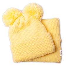 BABY NELLYS Zimná pletená čiapka + nákrčník - žltá s brmbolcami (2)