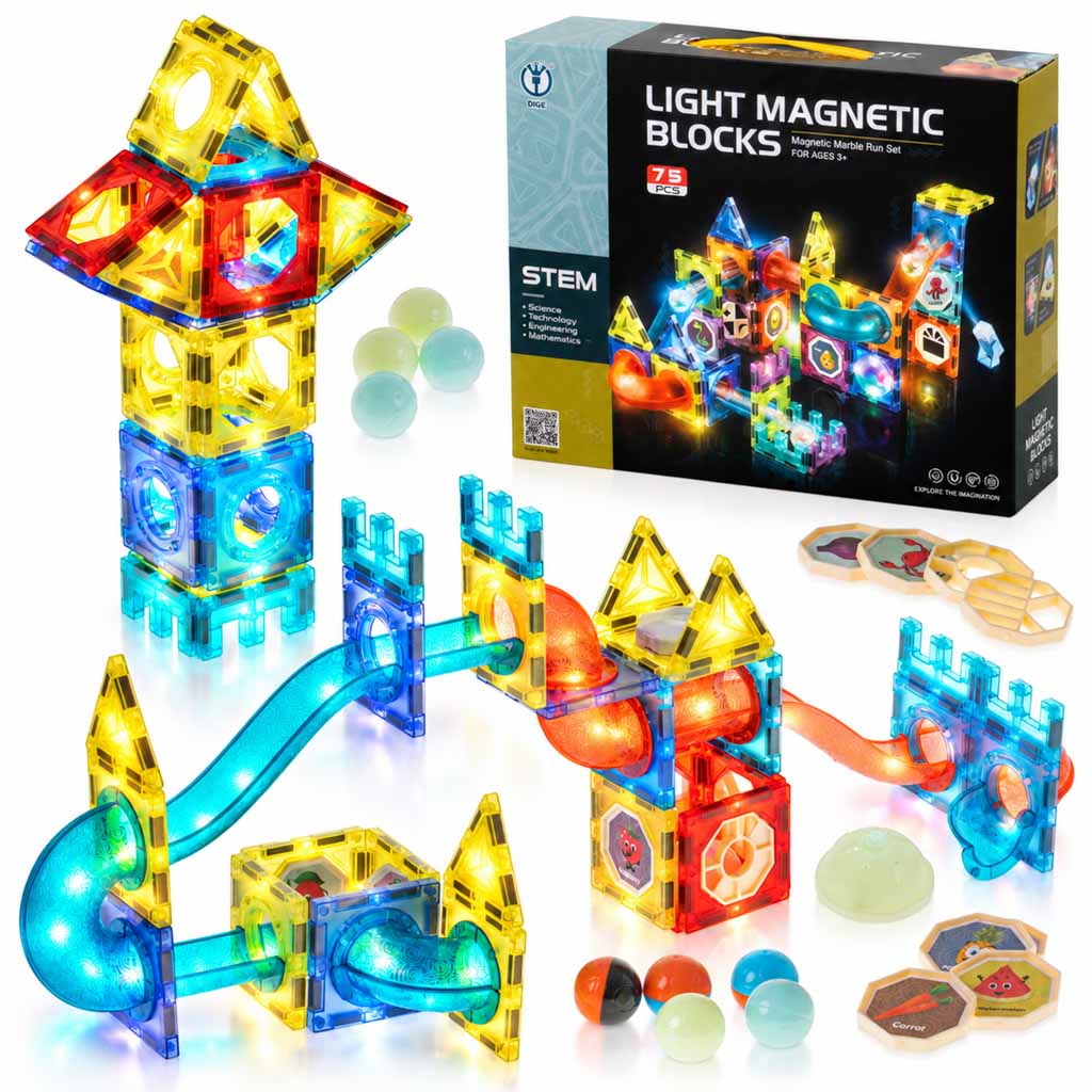 Magnetické kocky Marble, svietiaca guľôčková dráha, 75 ks