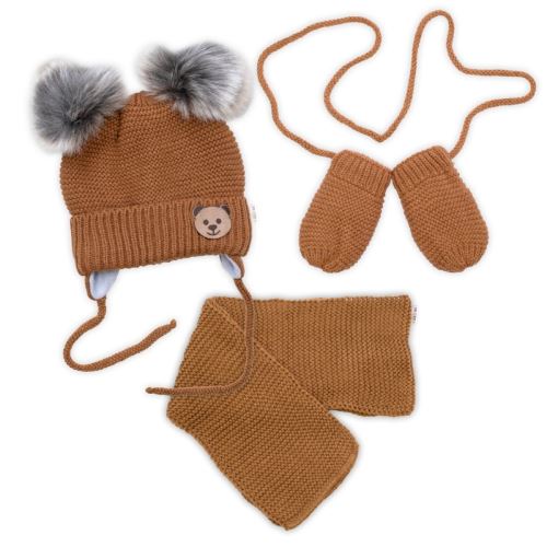 Detská sada, zimná čiapka so šálom + rukavičky 3D, Teddy Bear - hnedá (2)