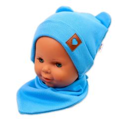 Baby Nellys Žebrovaná dvouvrstvá čepice s oušky + šátek TEDDY - modrá (1)