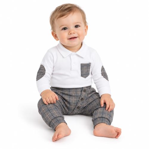 Baby Nellys 2-dílná sada Robert, body s límečkem, kalhoty Baggy - šedé kárko