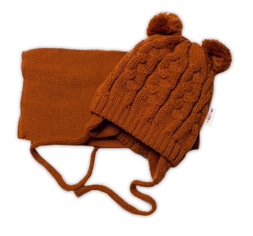 BABY NELLYS Zimná pletená čiapočka s šálom TEDDY - hnědá s brmbolcami, vel. 62/68 (454129)