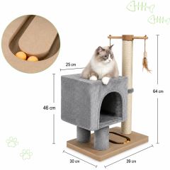 Škrabadlo pre mačky Cat Tree 64 cm s úkryt – MDF, sisal, plyš, svetlosivá (2)