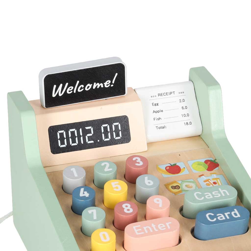 Drevená detská pokladňa s terminálom a skenerom