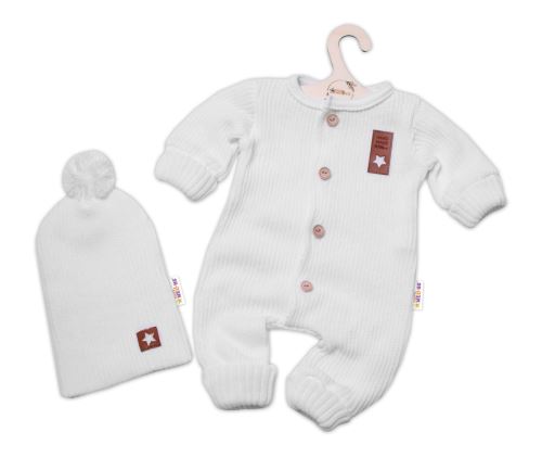 Baby Nellys 2-dílná sada Pletený overálek STAR + čepice Hand Made, bílý (1)