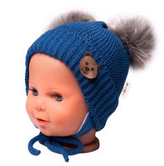Zimná čiapka s fleecom Teddy Bear - chlupáčk. bambuľky - tm. modrá, šedá (1)