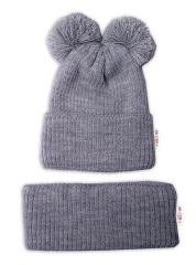 BABY NELLYS Zimná pletená čiapka + nákrčník - sivá s brmbolcami (2)