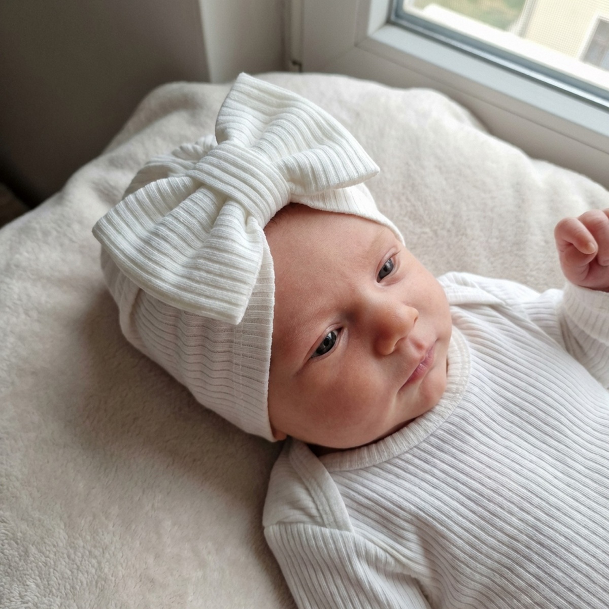 Z&Z Rebrovaná čiapočka s mašličkou – 100% bavlna, jednovrstvová, porcelánovo biela, 12/36m
