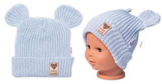 Pletená bavlněná čepice s oušky, dvouvrstvá, Hand Made Baby Nellys, modrá (2)