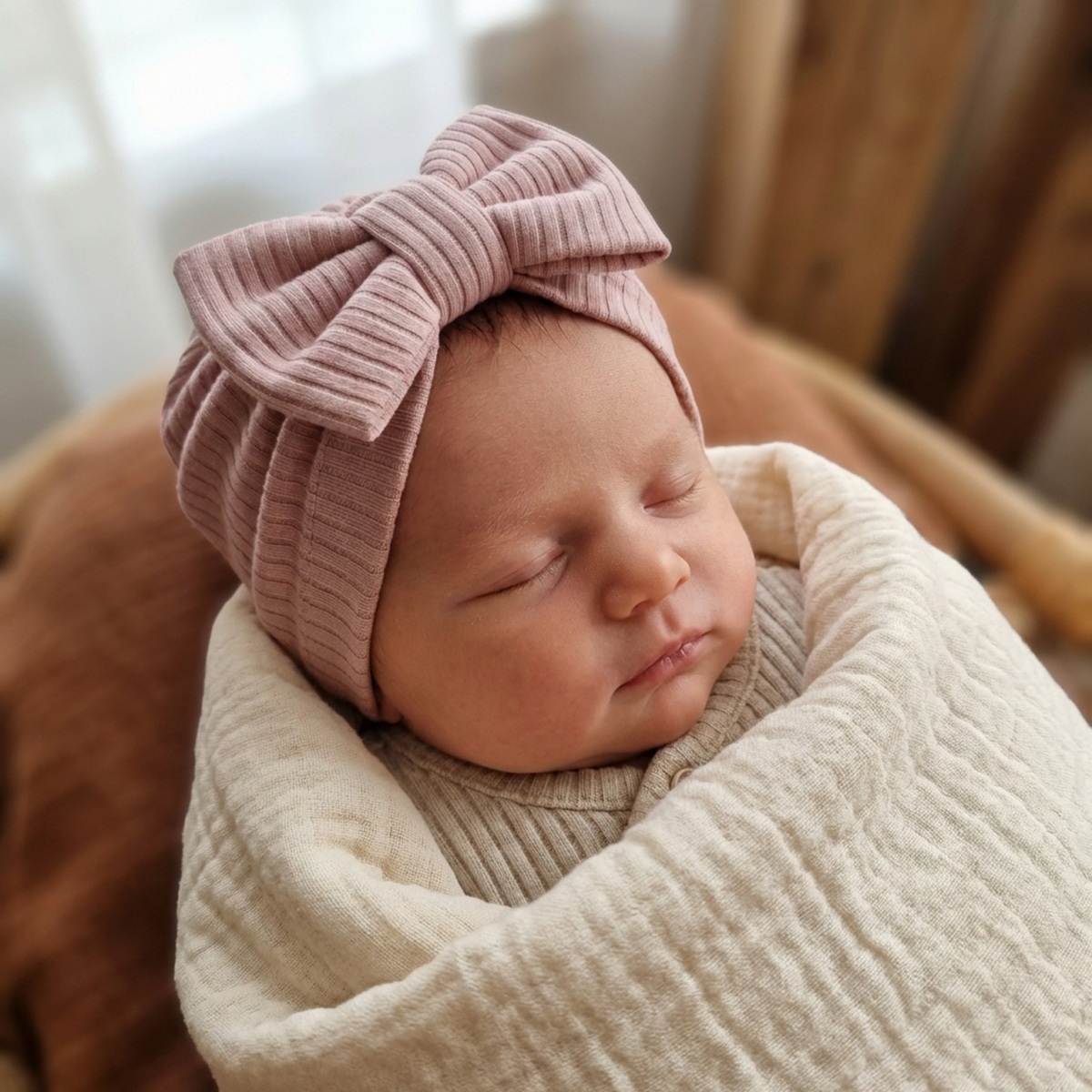Z&Z Rebrovaná čiapočka s mašličkou – 100% bavlna, jednovrstvová, , old rose, 6/12m