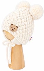 Zimná pletená čiapka Teddy Bear na zaväzovanie, ecru (3)