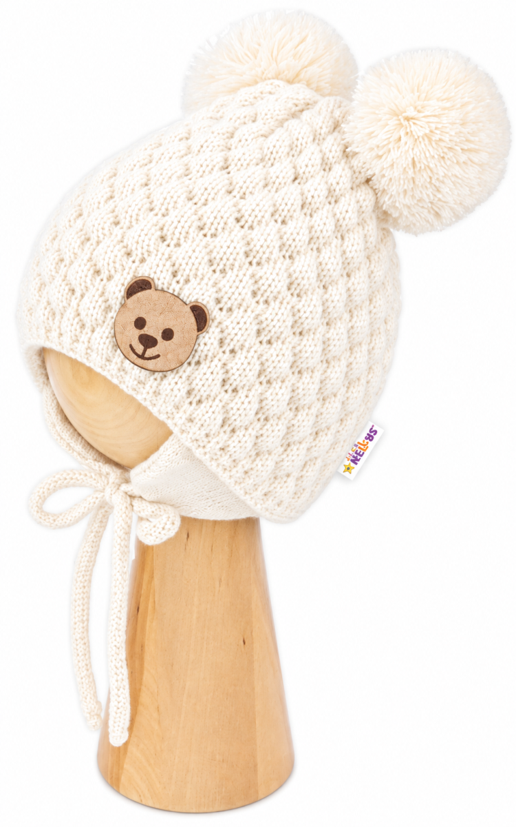 Zimná pletená čiapka Teddy Bear na zaväzovanie, ecru