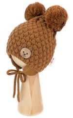 Zimní pletená čepice Teddy Bear na zavazování, hnědá, Baby Nellys (1)