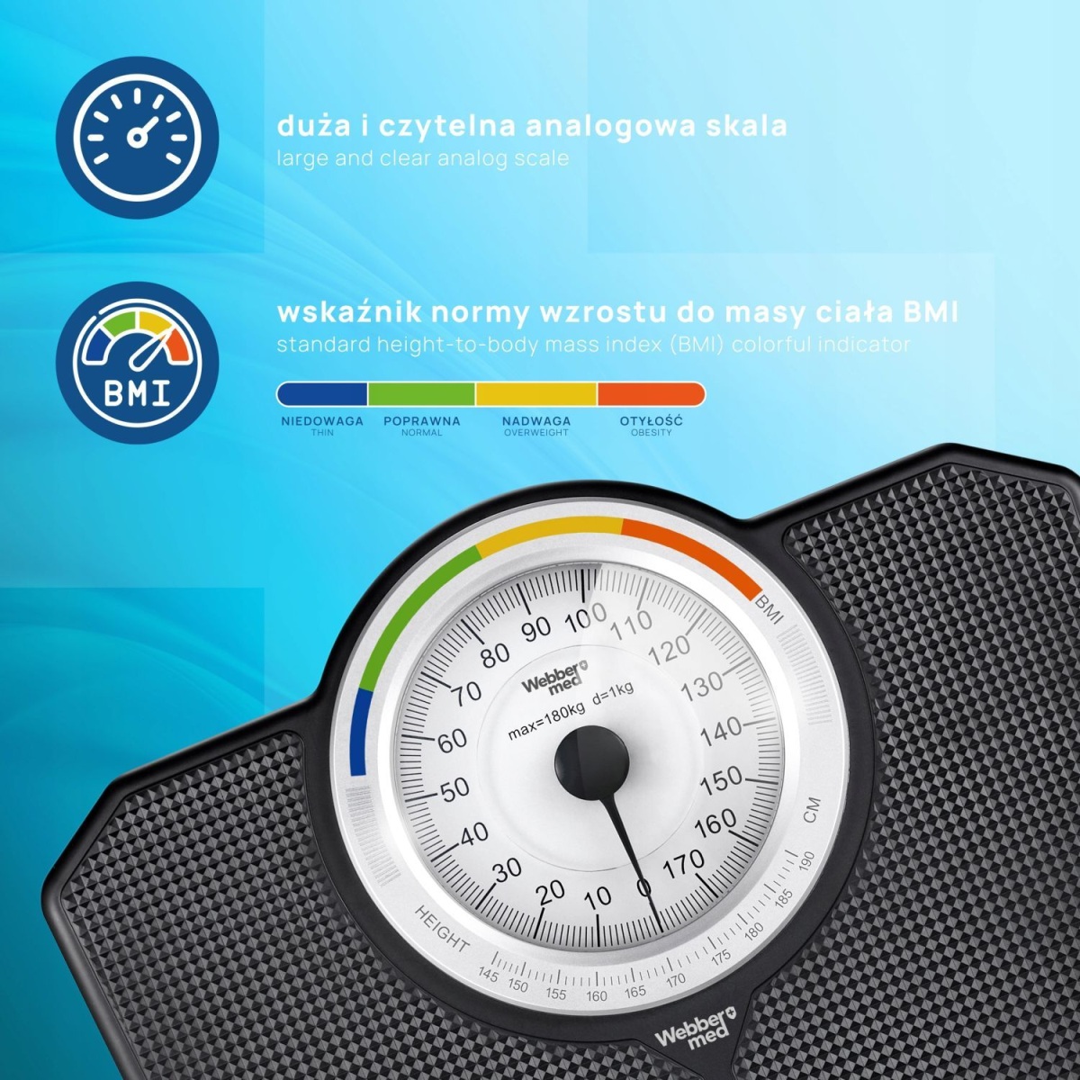 Klasická mechanická analógová kúpeľňová váha s BMI čierna 180 kg