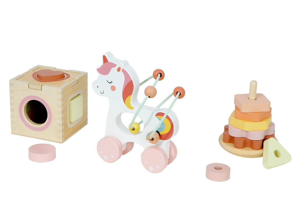 2Kids Toys Motorické hračky 3v1 Unicorn – vkladačka, pyramída, labyrint, 12m+