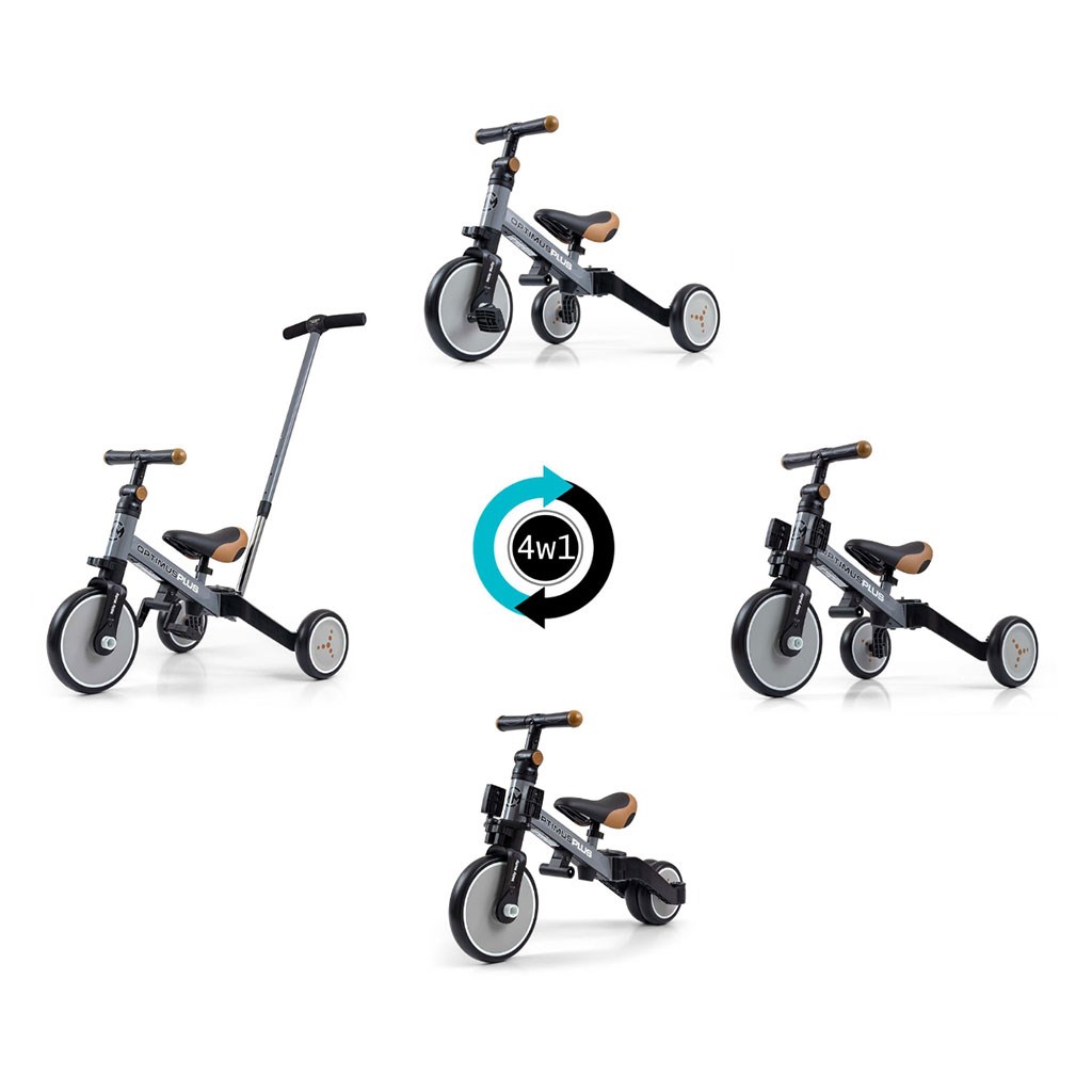 Balančná trojkolka, bicykel, odrážadlo a vodiaca tyč, Optimus Plus 4 v 1, sivá