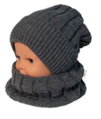 BABY NELLYS Zimná nadčasová čiapka + komín, tm. sivá (1)