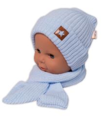 Baby Nellys Pletená čepice s šálou a rukavičky 3v1, STAR - sv. modrá (4)
