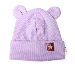 Baby Nellys Žebrovaná dvouvrstvá čepice s oušky TEDDY - lila (1)
