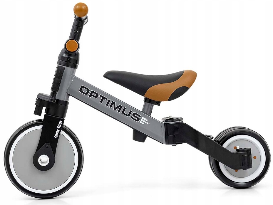 Balančná trojkolka, bicykel, odrážadlo a vodiaca tyč, Optimus Plus 4 v 1, sivá