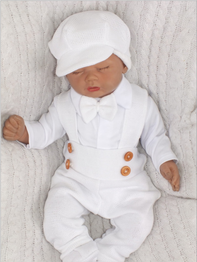 Z&Z 5-dielna pletená sada Boy, body, nohavice, čiapočka motýlik, topánočky, biela, veľ. 62