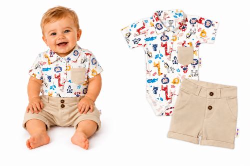 Baby Nellys 2-dílná sada body kr. rukáv, kraťásky, Safari - ecru/béžová (5)