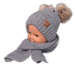 Zimná čiapka s kožušinovými brmbolcami + šál Baby Nellys Star - sivá, 6/24 mesiacov (3)