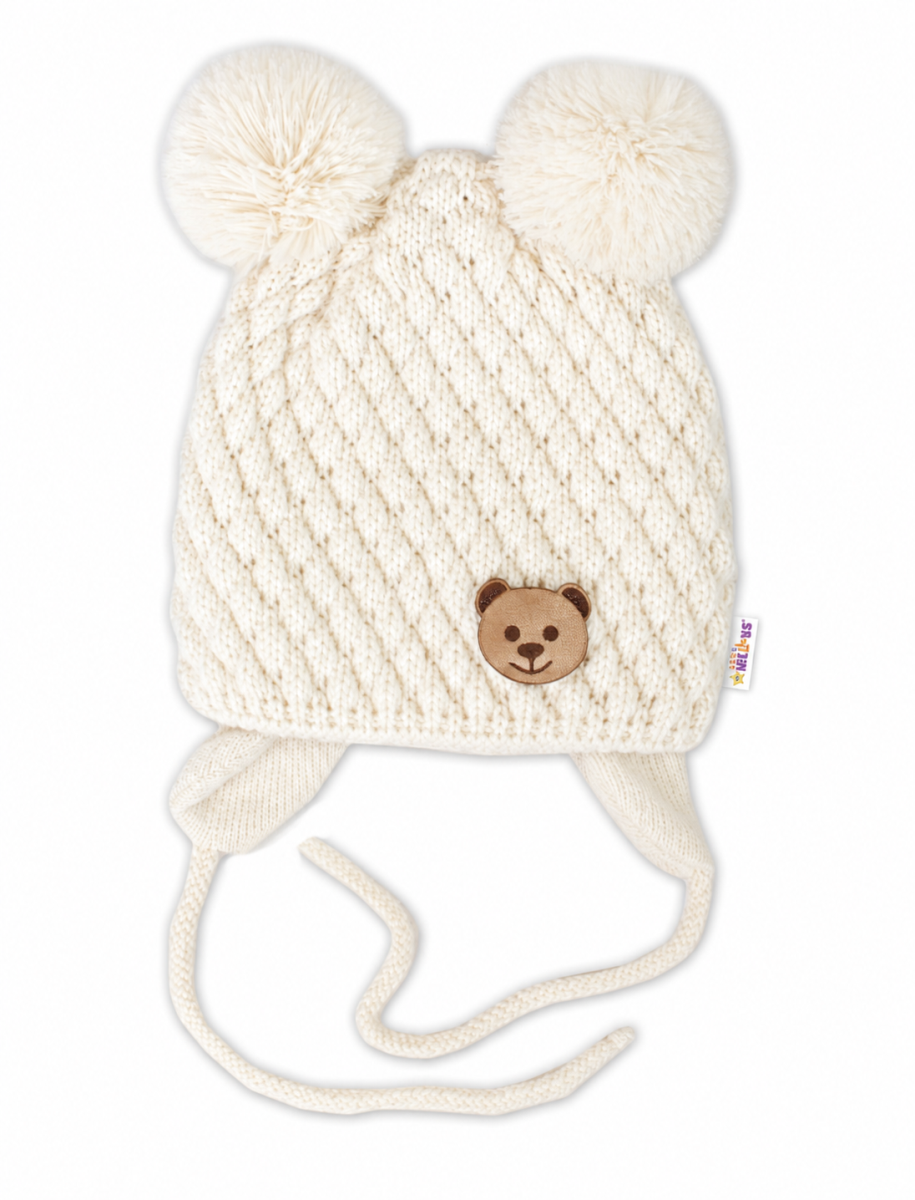 Zimná pletená čiapka Teddy Bear na zaväzovanie, ecru